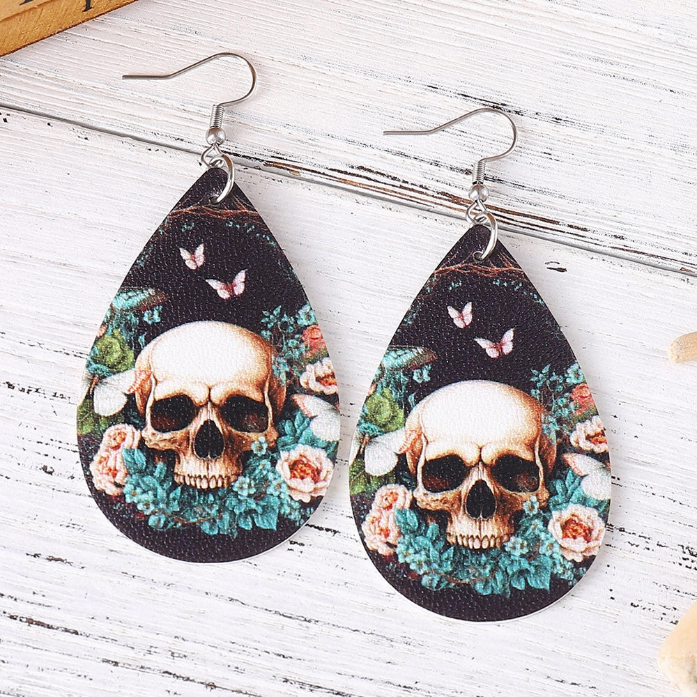 Wholesale Leaves Flower Butterfly Skull Earrings Double Sided PU Leather Water Drop Earrings