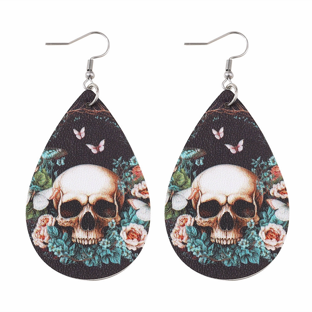 Wholesale Leaves Flower Butterfly Skull Earrings Double Sided PU Leather Water Drop Earrings