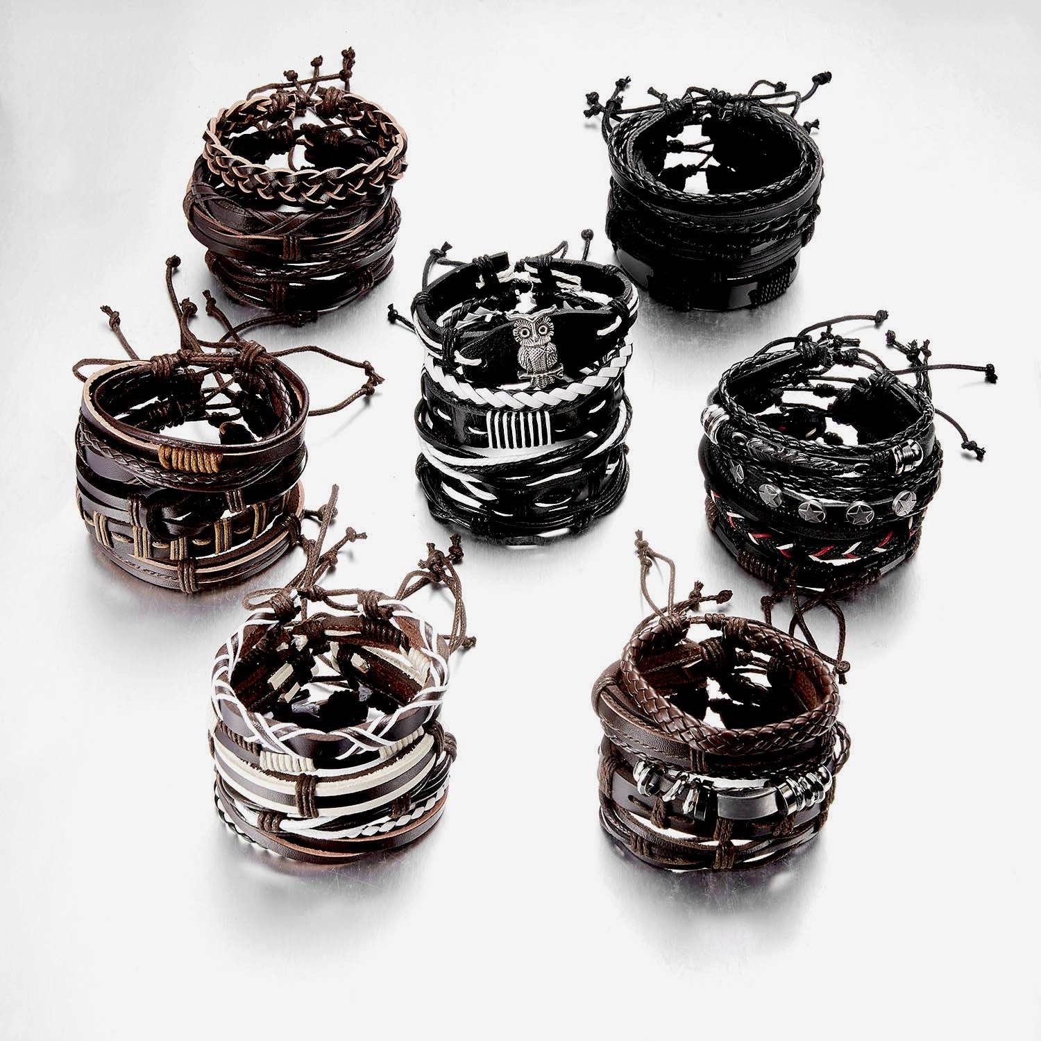 Wholesale Leaves Wooden Beads Weaving Leather Adjustable Set Bracelet