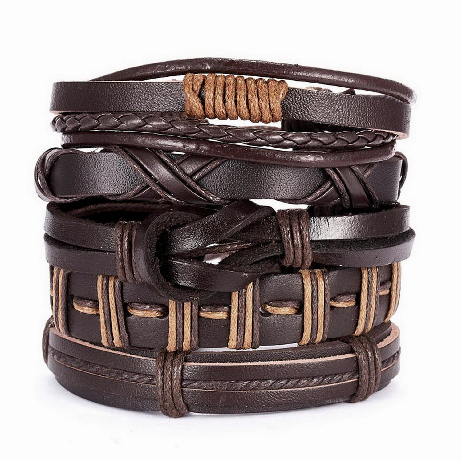 Wholesale Leaves Wooden Beads Weaving Leather Adjustable Set Bracelet