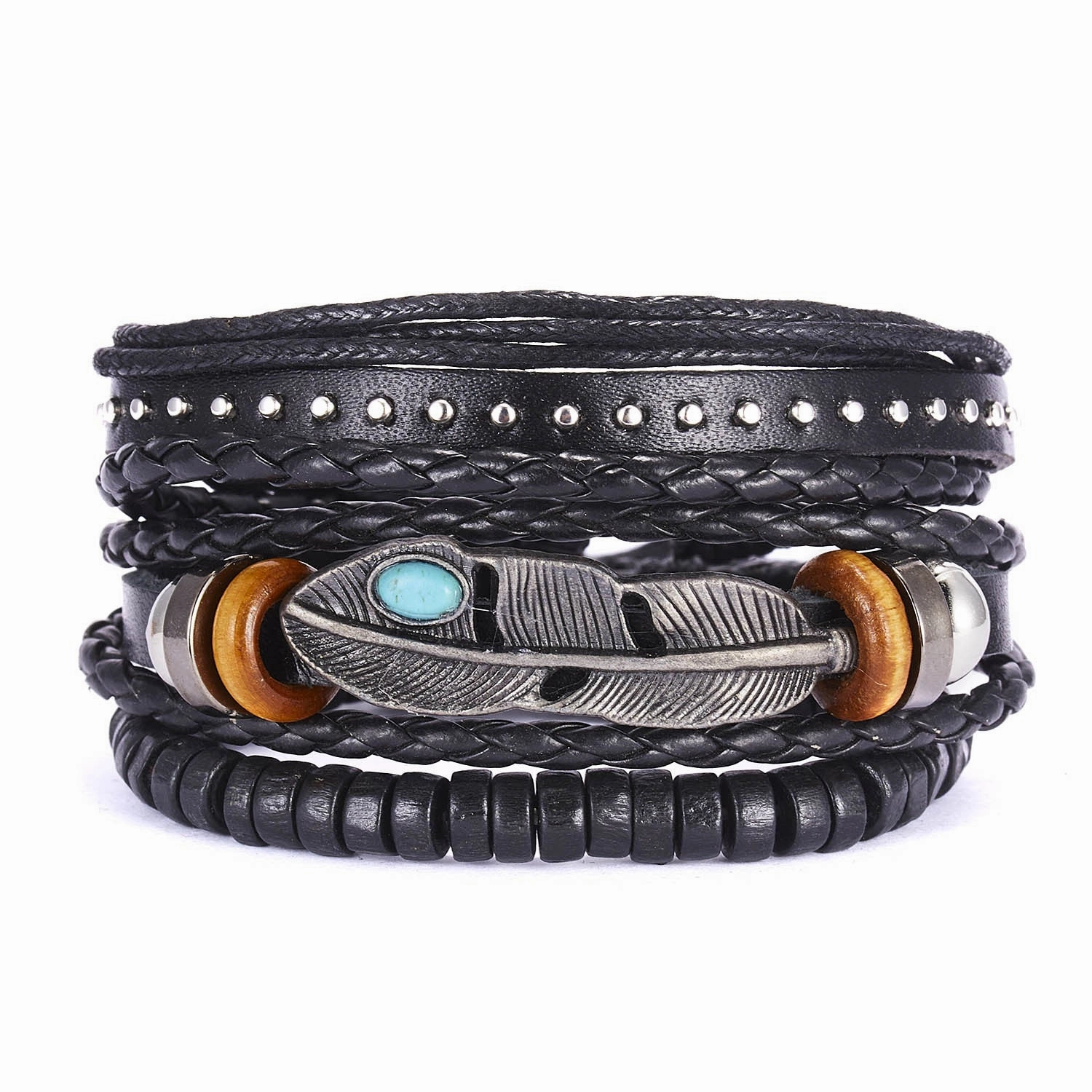 Wholesale Leaves Wooden Beads Weaving Leather Adjustable Set Bracelet