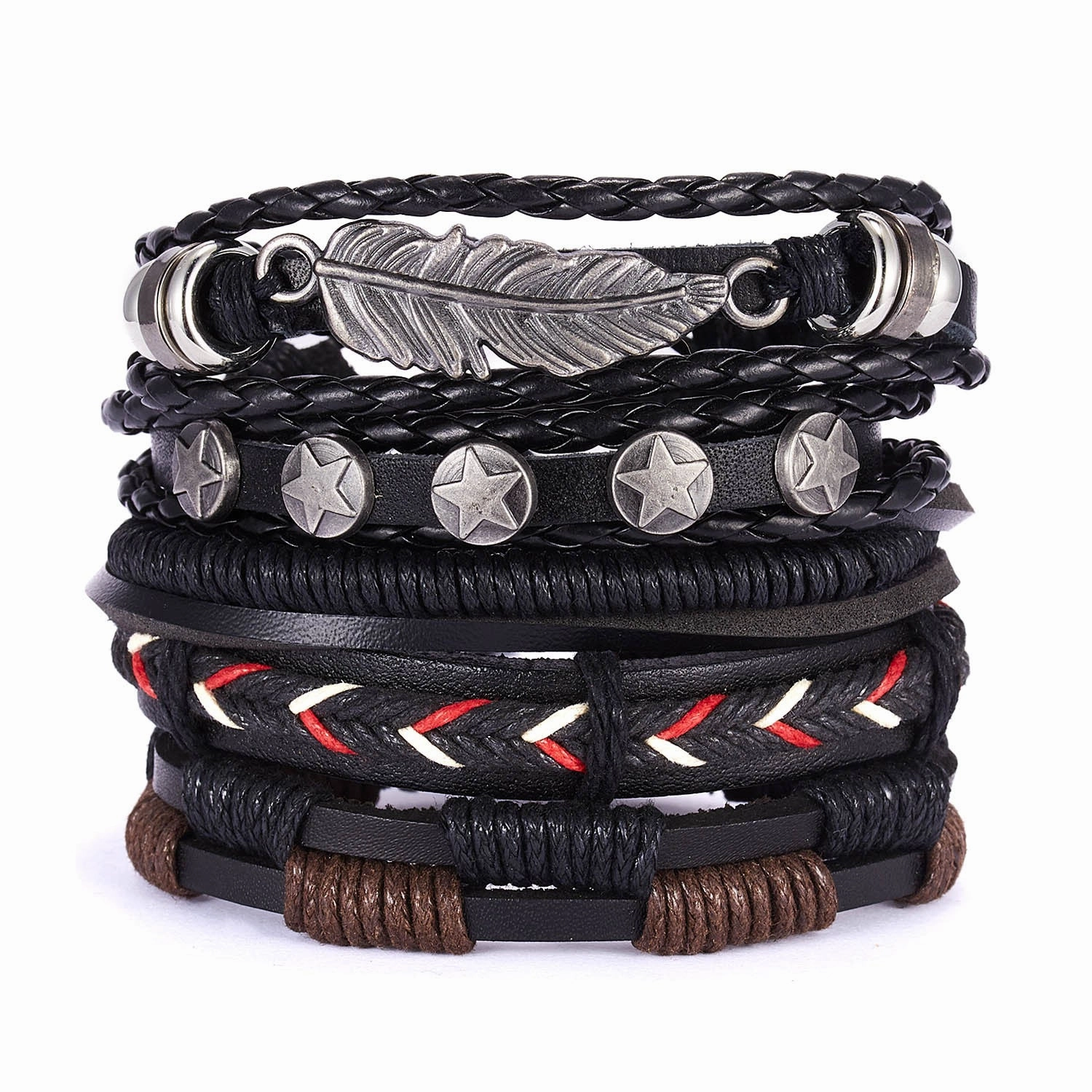 Wholesale Leaves Wooden Beads Weaving Leather Adjustable Set Bracelet