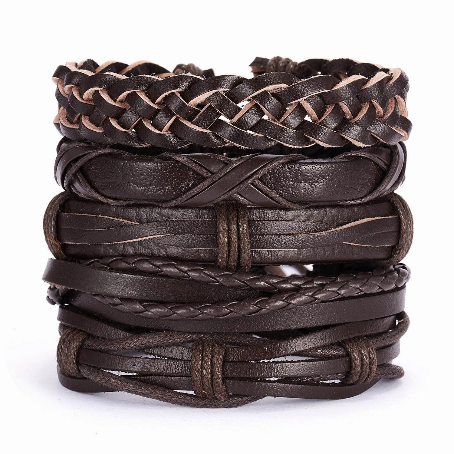 Wholesale Leaves Wooden Beads Weaving Leather Adjustable Set Bracelet