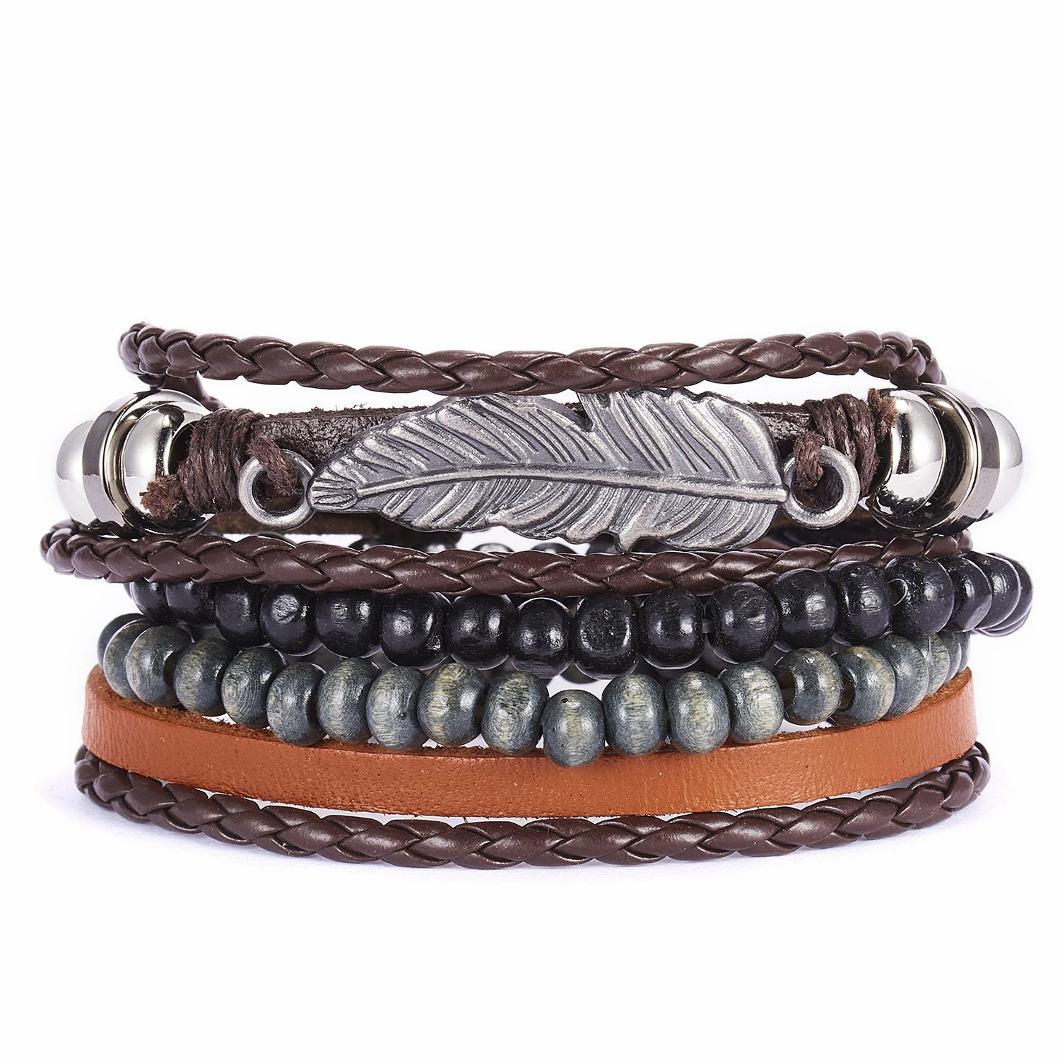 Wholesale Leaves Wooden Beads Weaving Leather Adjustable Set Bracelet