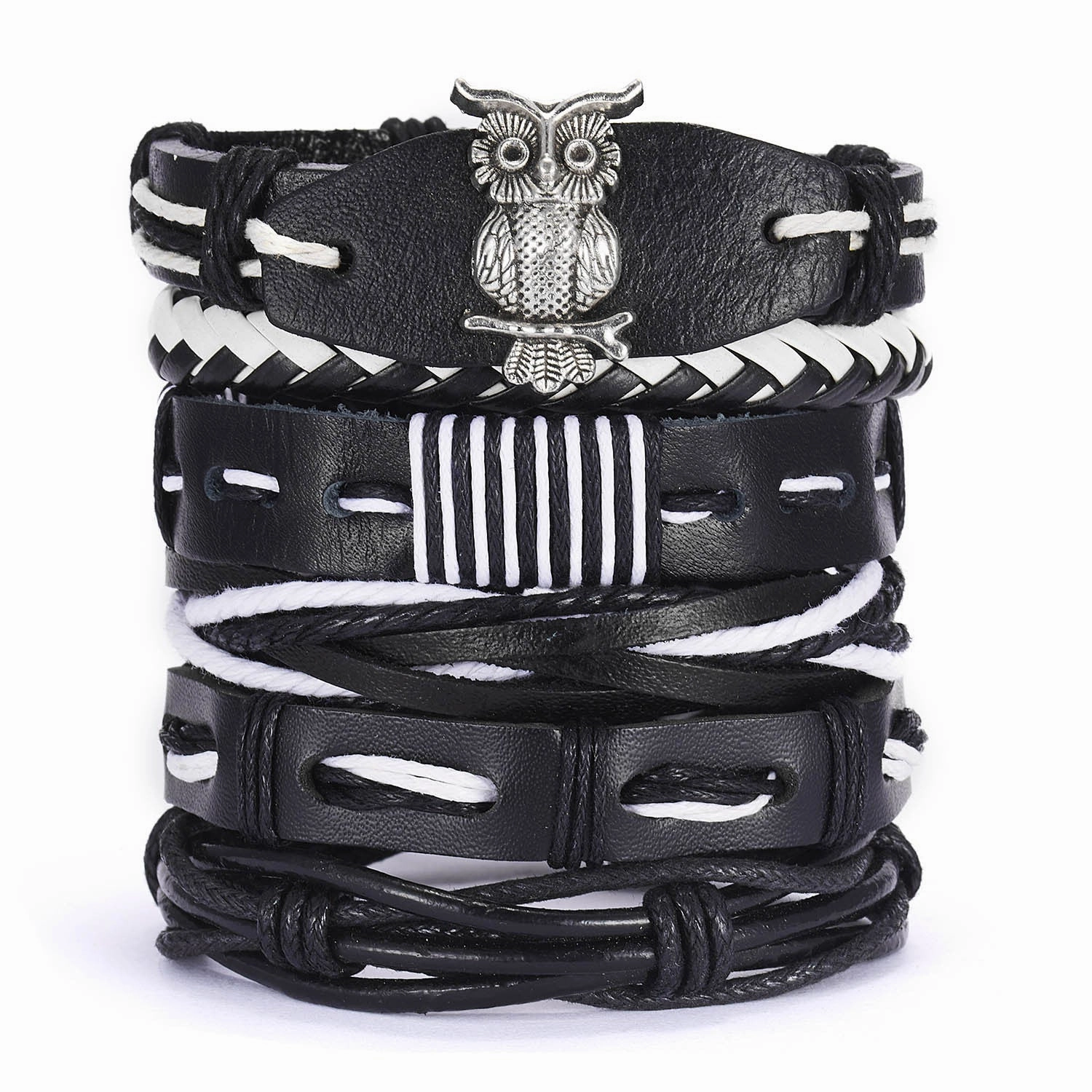 Wholesale Leaves Wooden Beads Weaving Leather Adjustable Set Bracelet