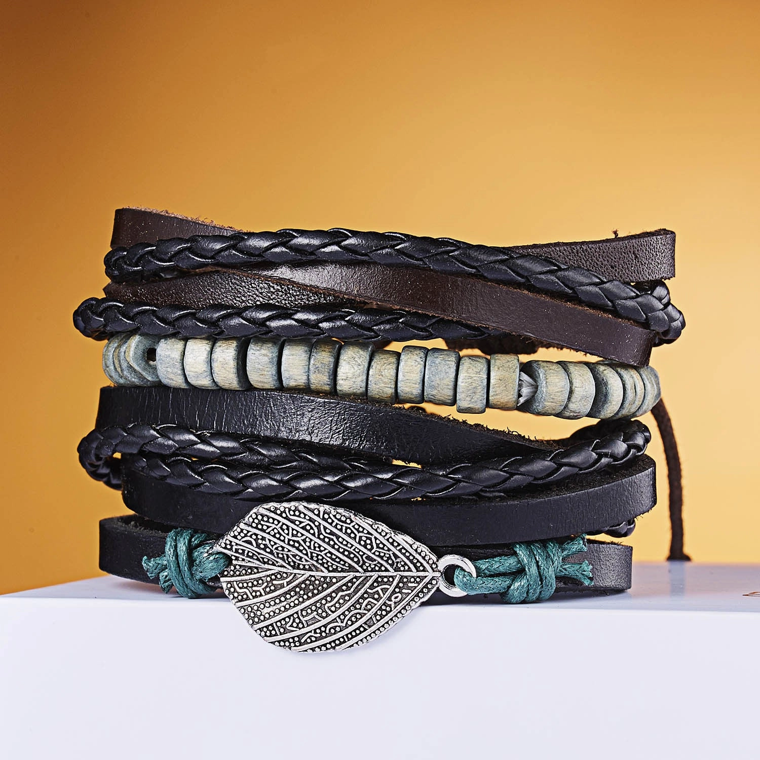 Wholesale Leaves Wooden Beads Weaving Leather Adjustable Set Bracelet