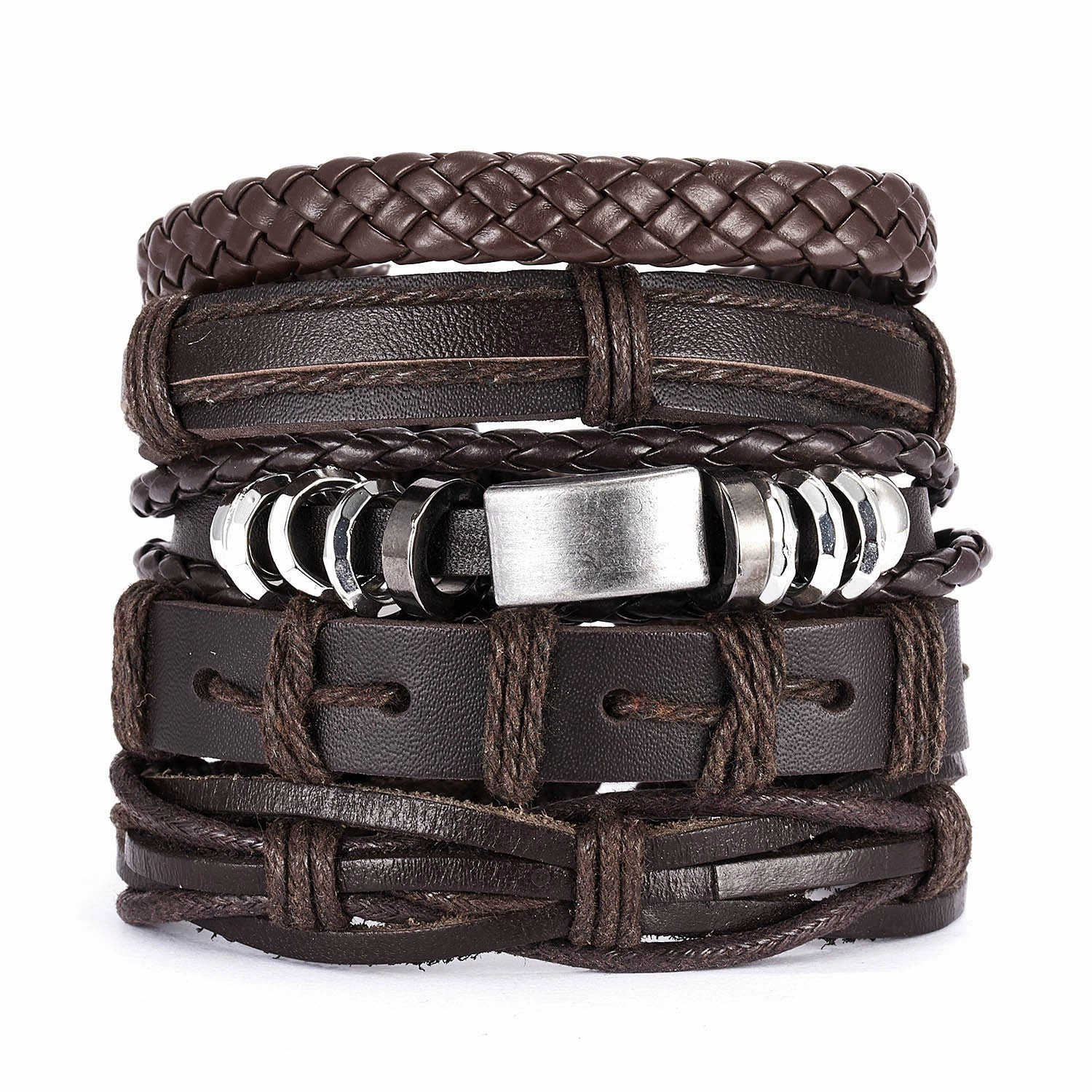 Wholesale Leaves Wooden Beads Weaving Leather Adjustable Set Bracelet