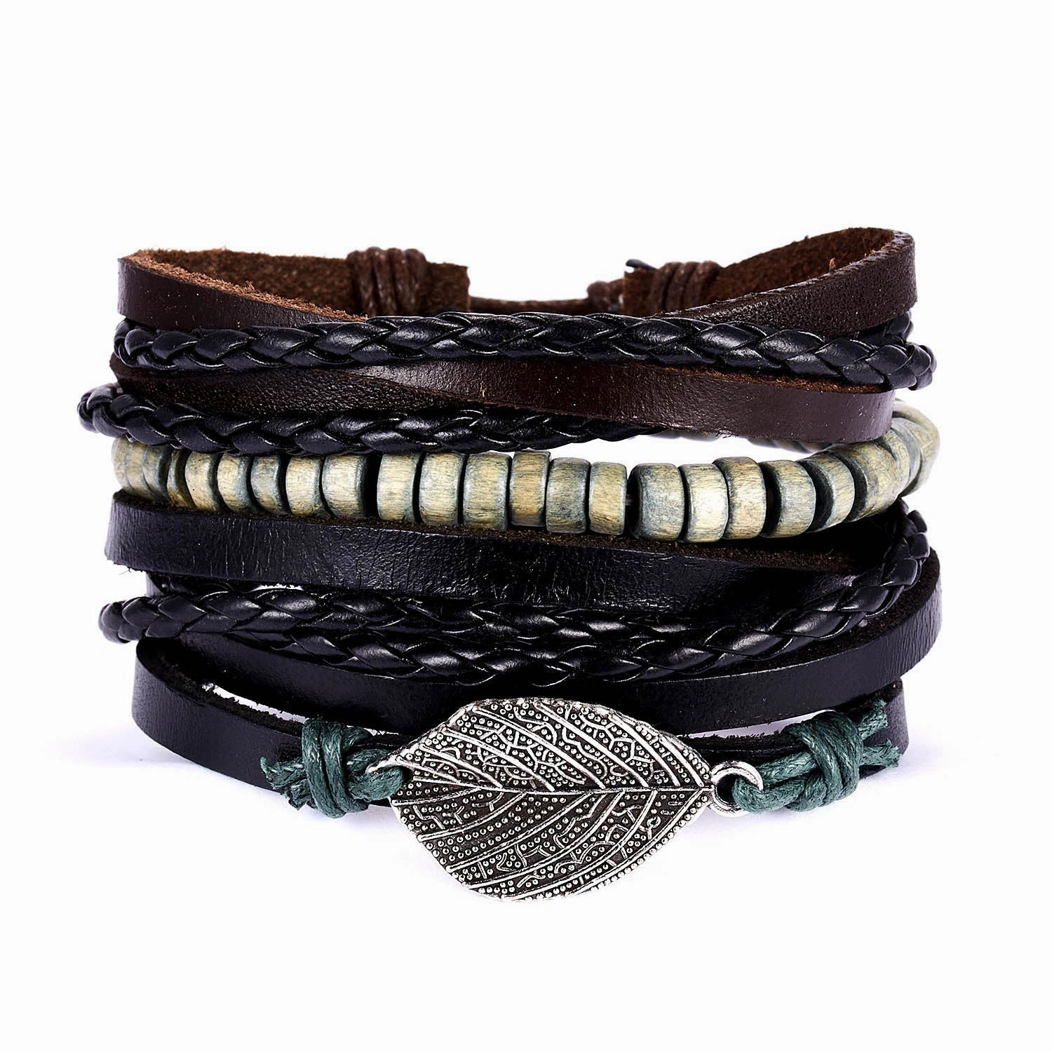 Wholesale Leaves Wooden Beads Weaving Leather Adjustable Set Bracelet