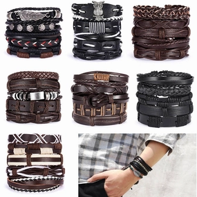 Wholesale Leaves Wooden Beads Weaving Leather Adjustable Set Bracelet