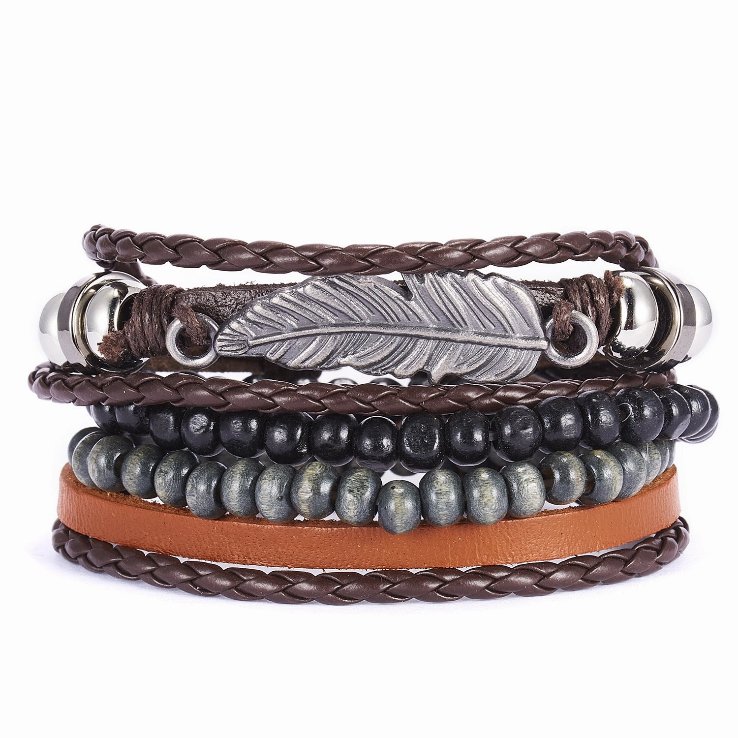 Wholesale Leaves Wooden Beads Weaving Leather Adjustable Set Bracelet