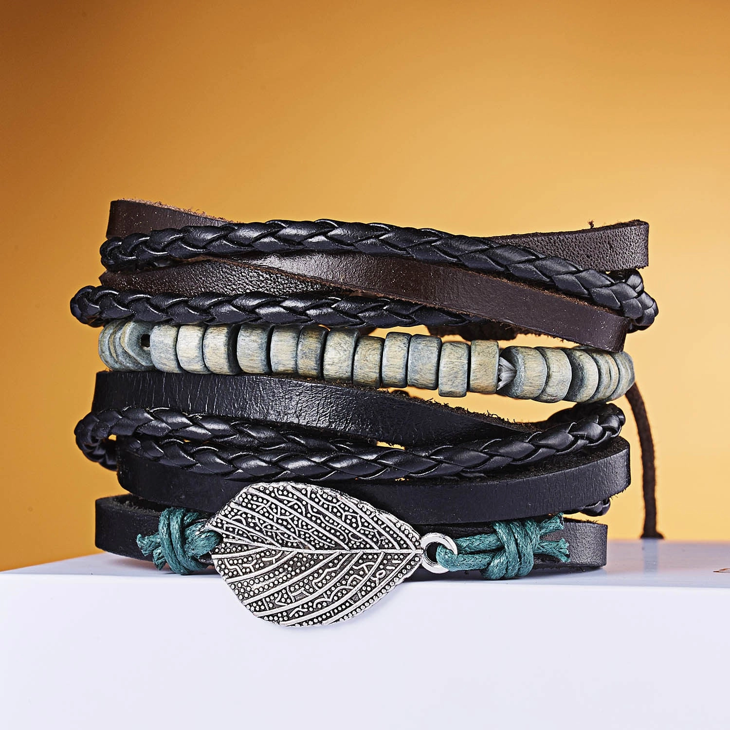 Wholesale Leaves Wooden Beads Weaving Leather Adjustable Set Bracelet