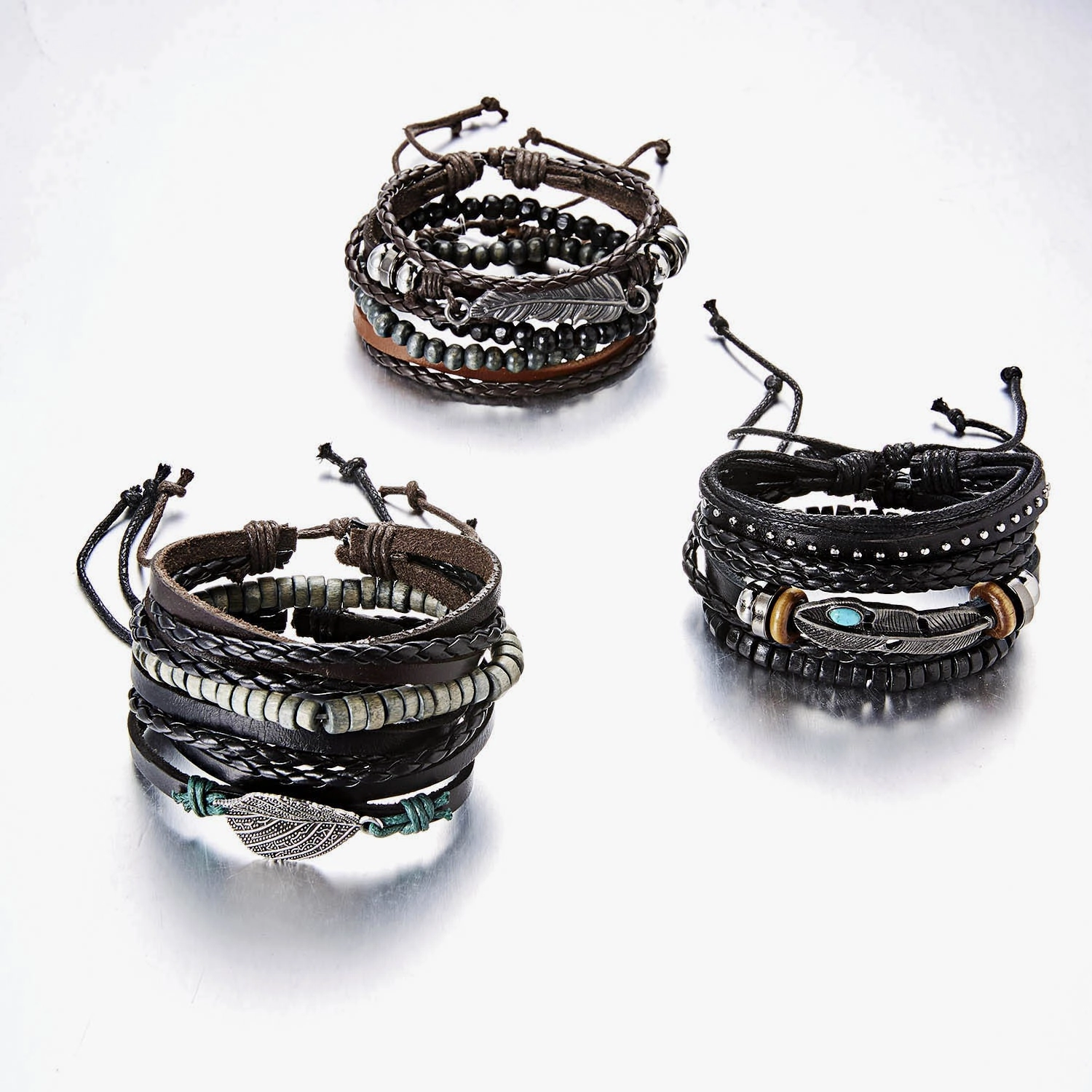 Wholesale Leaves Wooden Beads Weaving Leather Adjustable Set Bracelet
