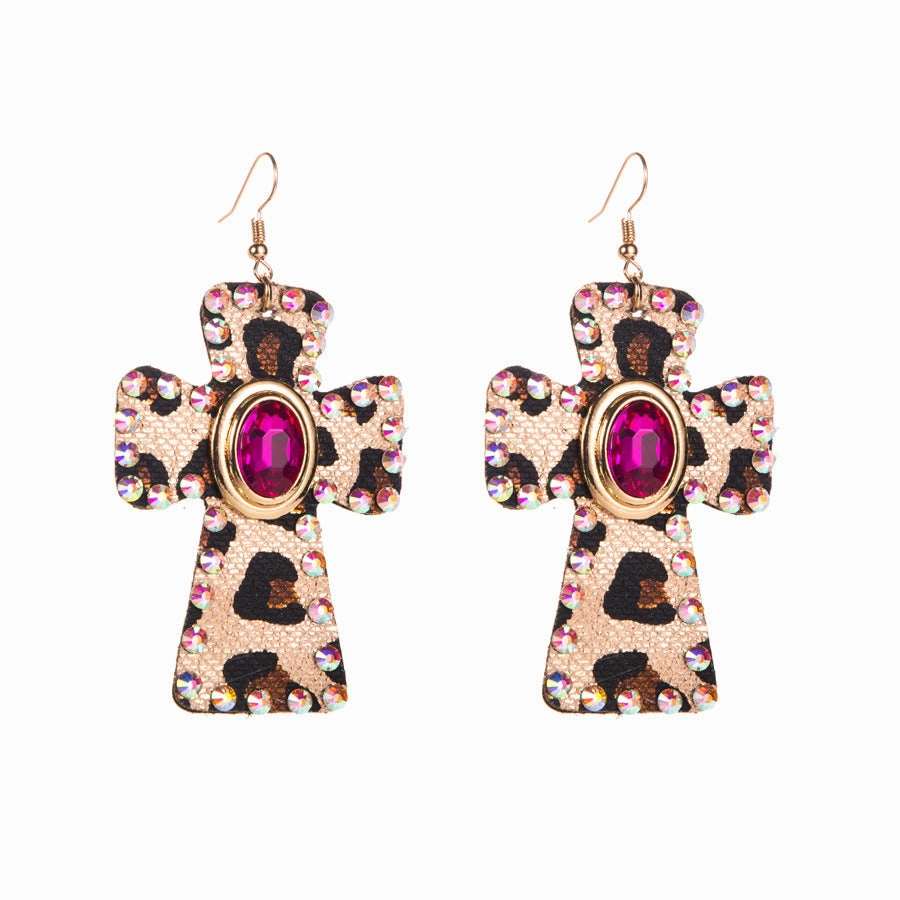 Wholesale Leopard Leather Vintage Alloy Diamond Cross Earrings