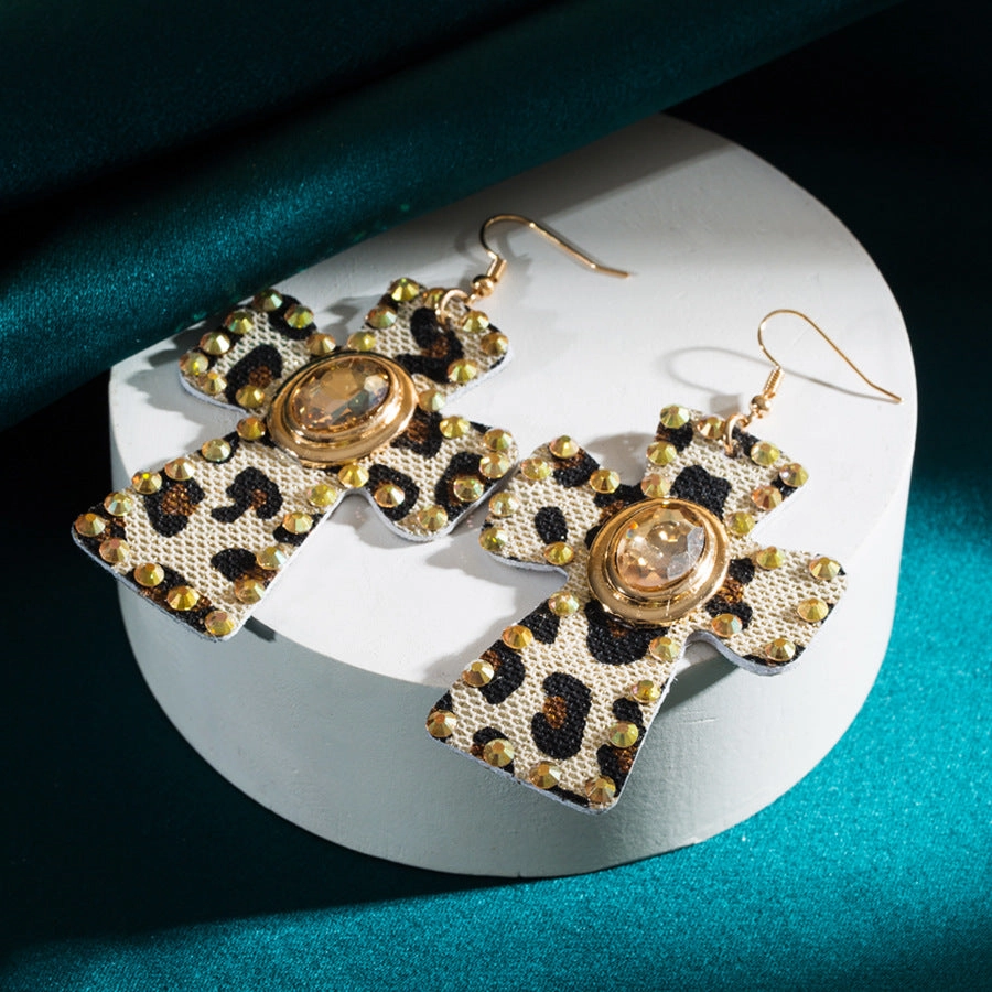 Wholesale Leopard Leather Vintage Alloy Diamond Cross Earrings