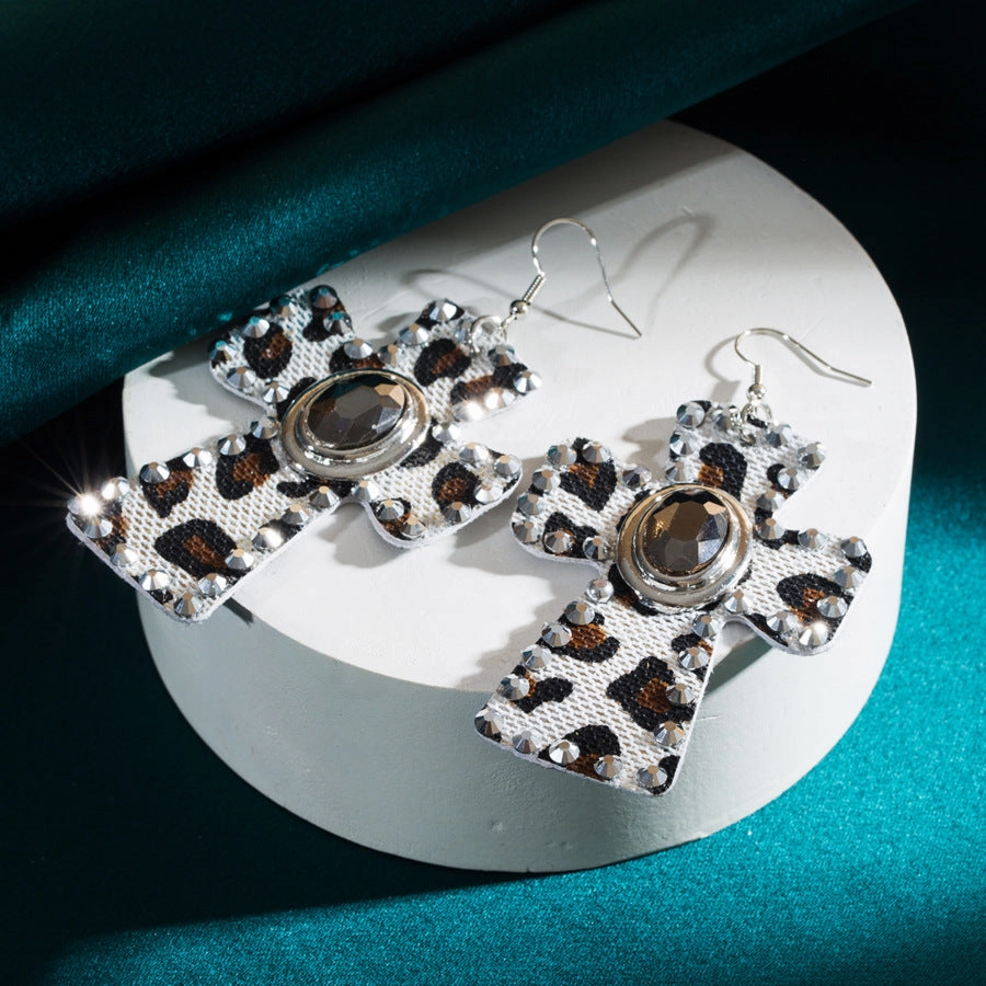 Wholesale Leopard Leather Vintage Alloy Diamond Cross Earrings