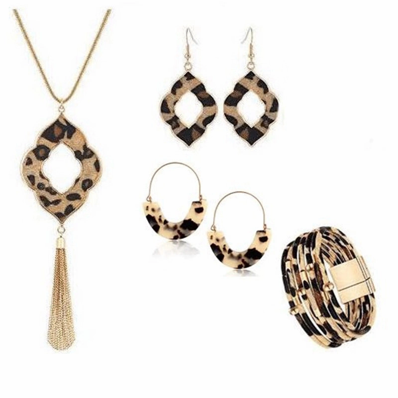 Wholesale Leopard Pattern Tassel Necklace Earrings Bracelet Set
