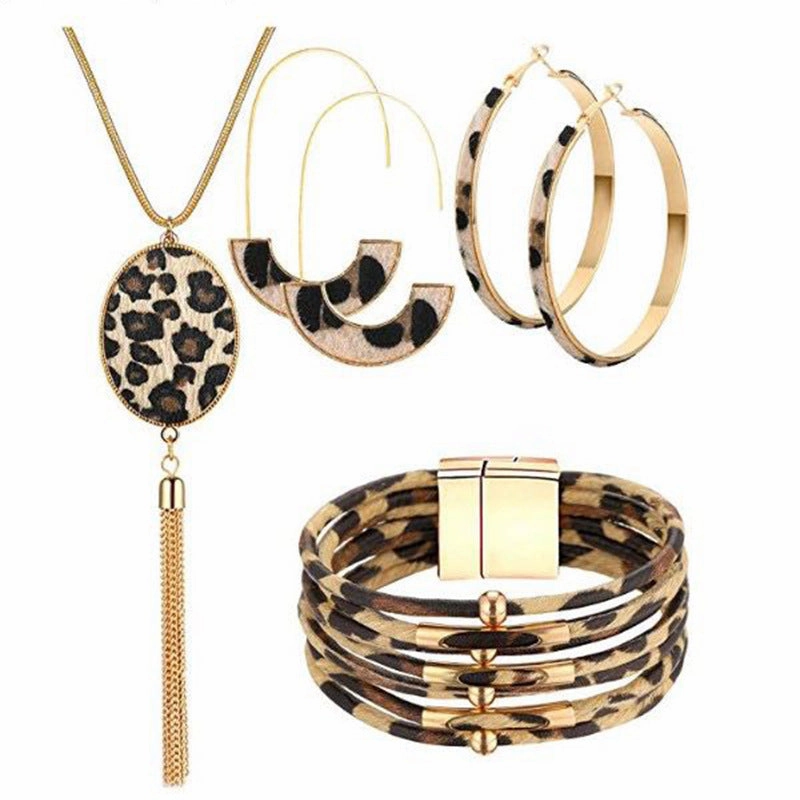 Wholesale Leopard Pattern Tassel Necklace Earrings Bracelet Set
