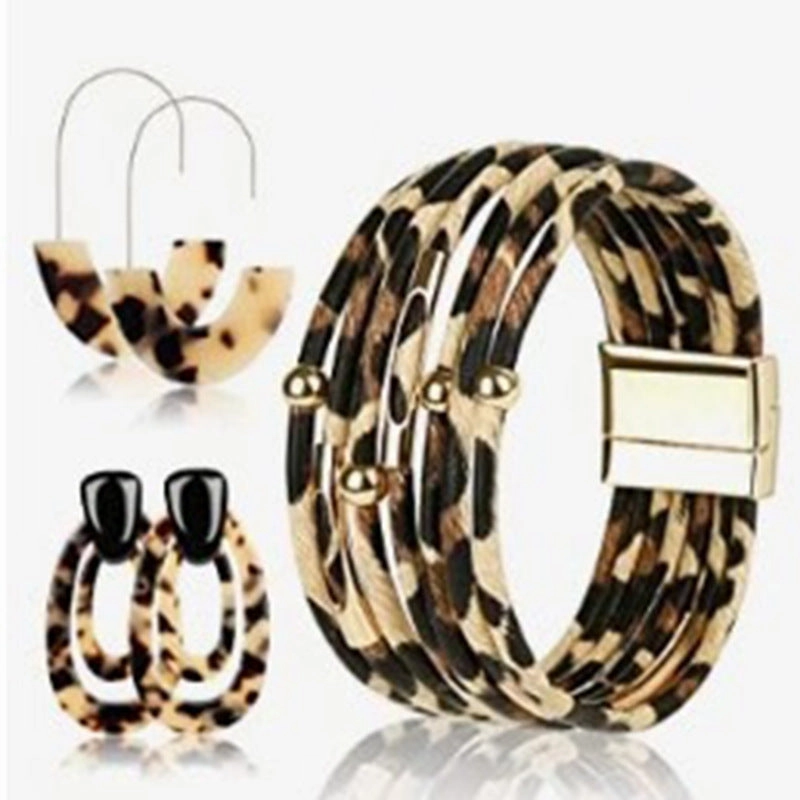 Wholesale Leopard Pattern Tassel Necklace Earrings Bracelet Set