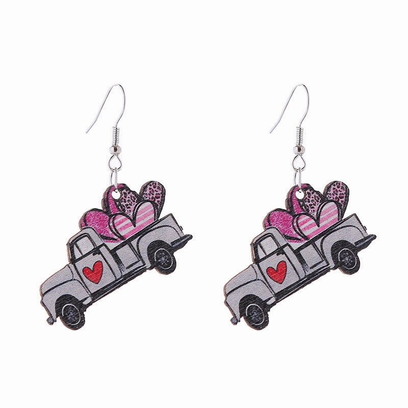 Wholesale Leopard Print Heart Pink Envelope Valentine's Day Wooden Earrings