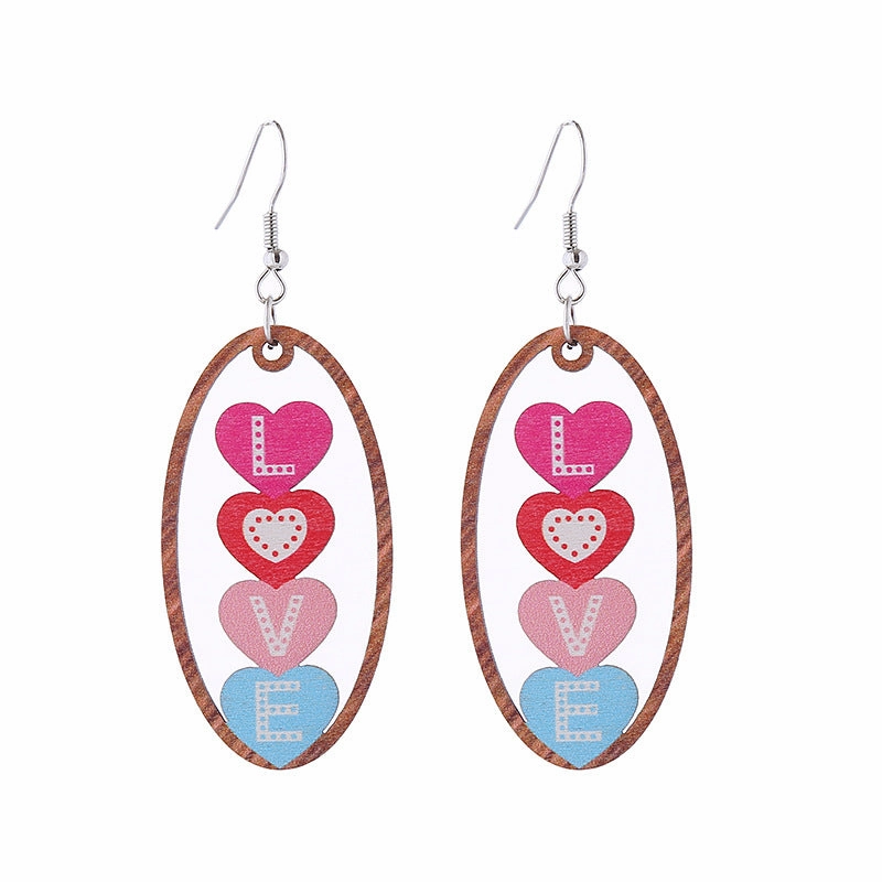Wholesale Leopard Print Heart Pink Envelope Valentine's Day Wooden Earrings