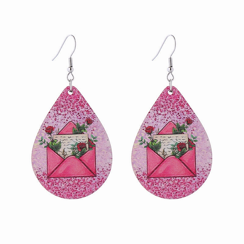 Wholesale Leopard Print Heart Pink Envelope Valentine's Day Wooden Earrings