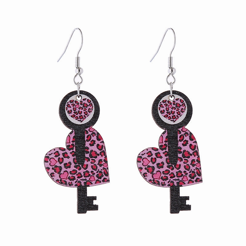 Wholesale Leopard Print Heart Pink Envelope Valentine's Day Wooden Earrings