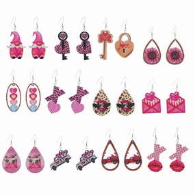 Wholesale Leopard Print Heart Pink Envelope Valentine's Day Wooden Earrings