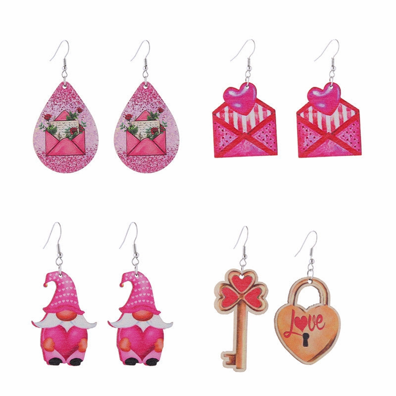 Wholesale Leopard Print Heart Pink Envelope Valentine's Day Wooden Earrings