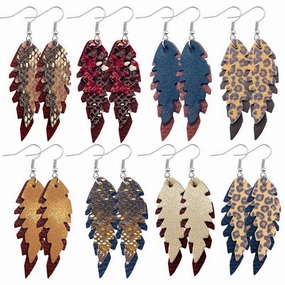 Wholesale Leopard Print Leaf Shaped Leather Earrings