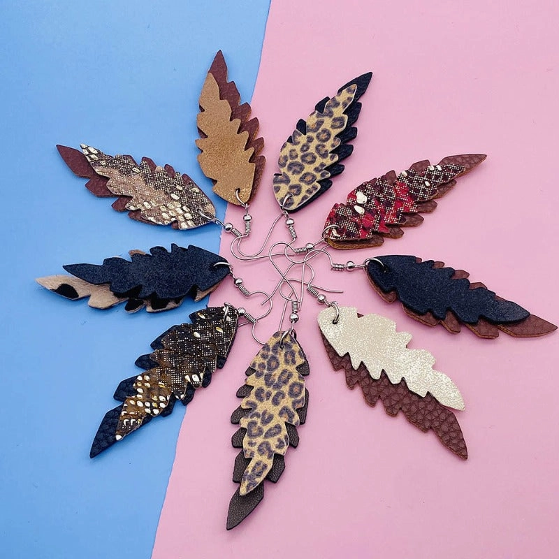 Wholesale Leopard Print Leaf Shaped Leather Earrings
