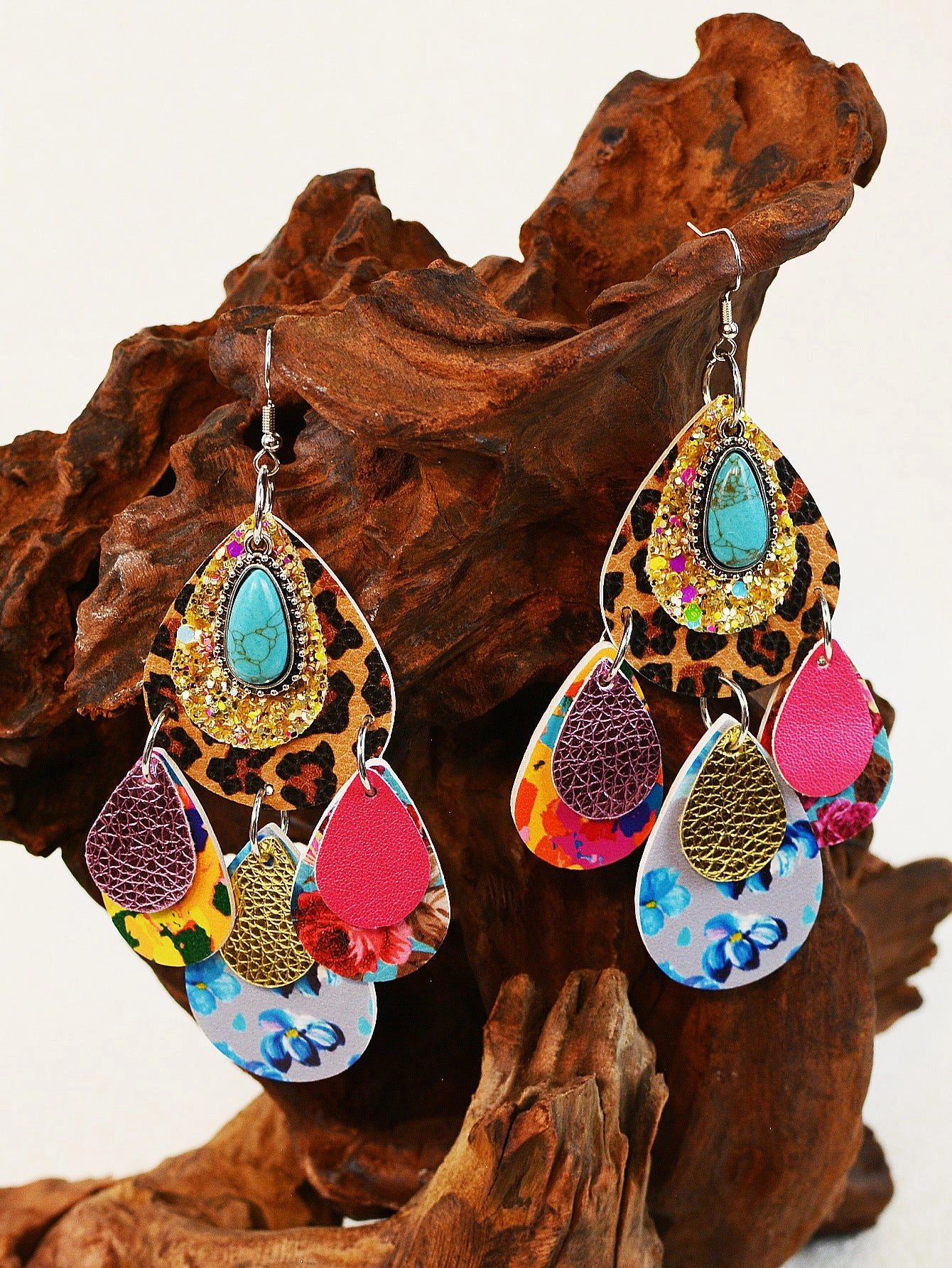 Wholesale Leopard Print Multi-layered Leather Turquoise Earrings