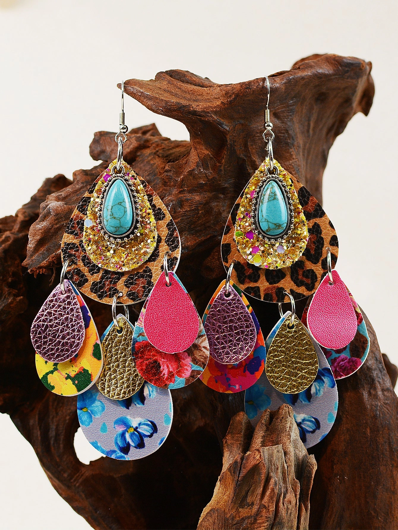 Wholesale Leopard Print Multi-layered Leather Turquoise Earrings
