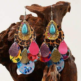 Wholesale Leopard Print Multi-layered Leather Turquoise Earrings