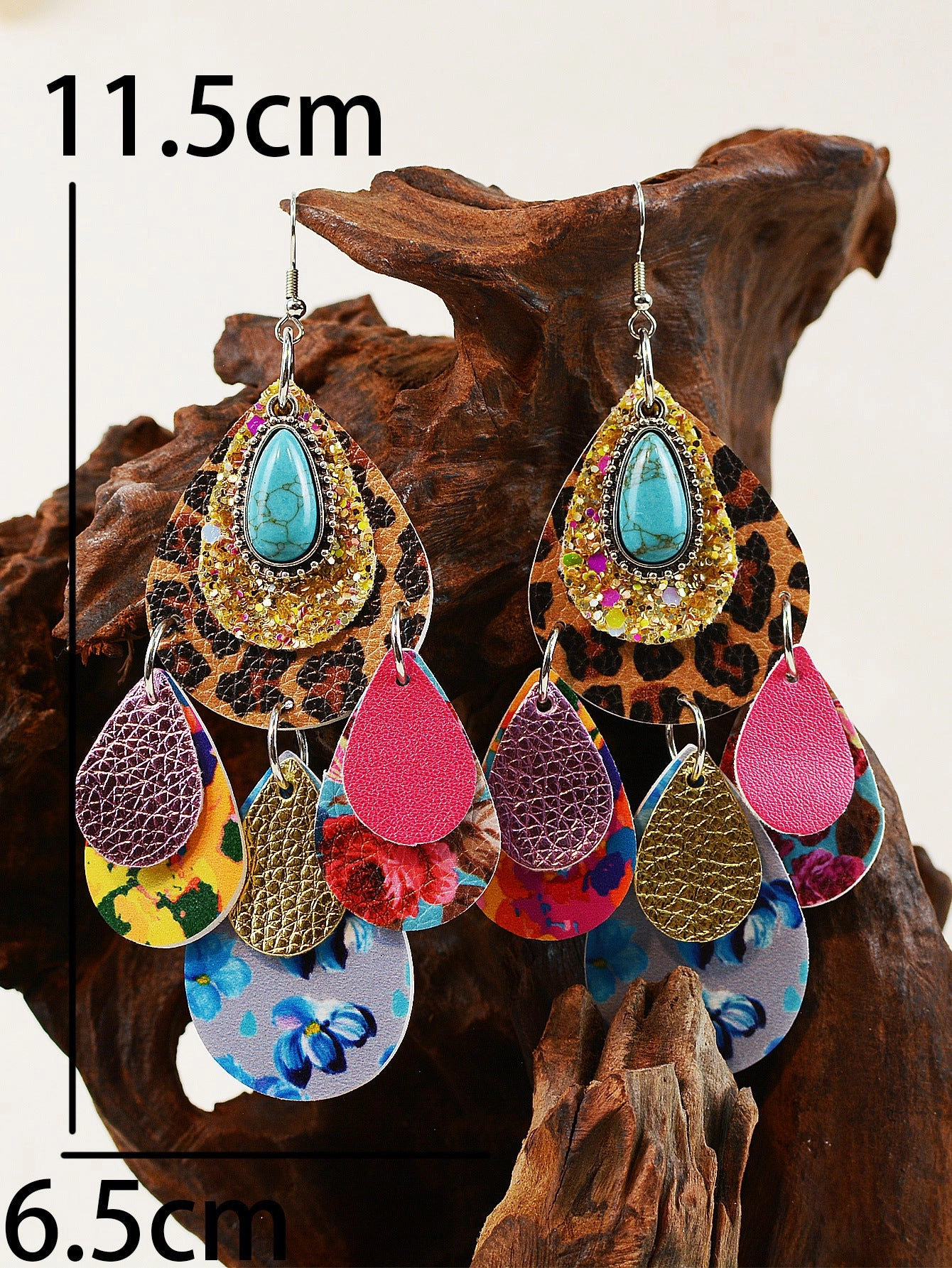 Wholesale Leopard Print Multi-layered Leather Turquoise Earrings