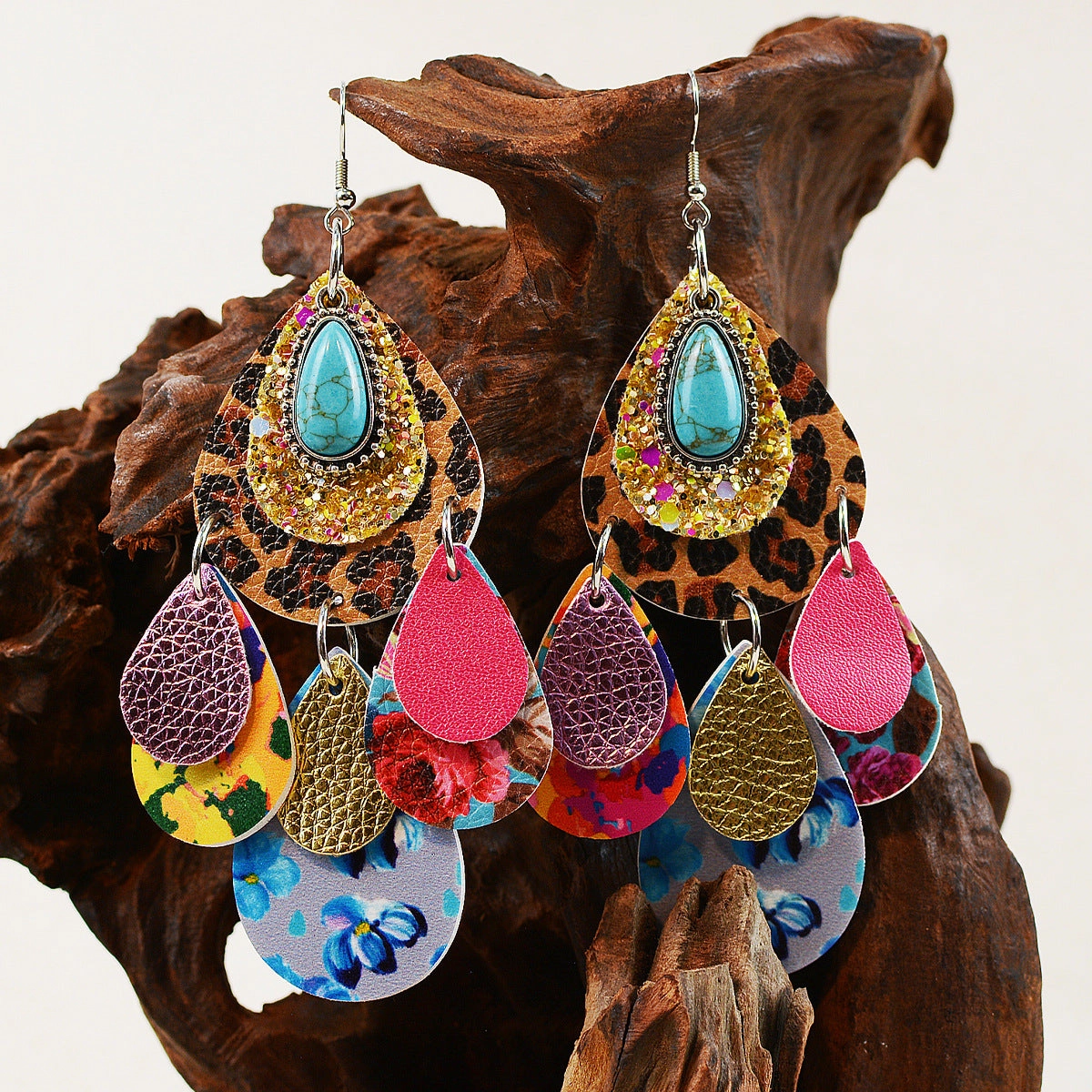 Wholesale Leopard Print Multi-layered Leather Turquoise Earrings