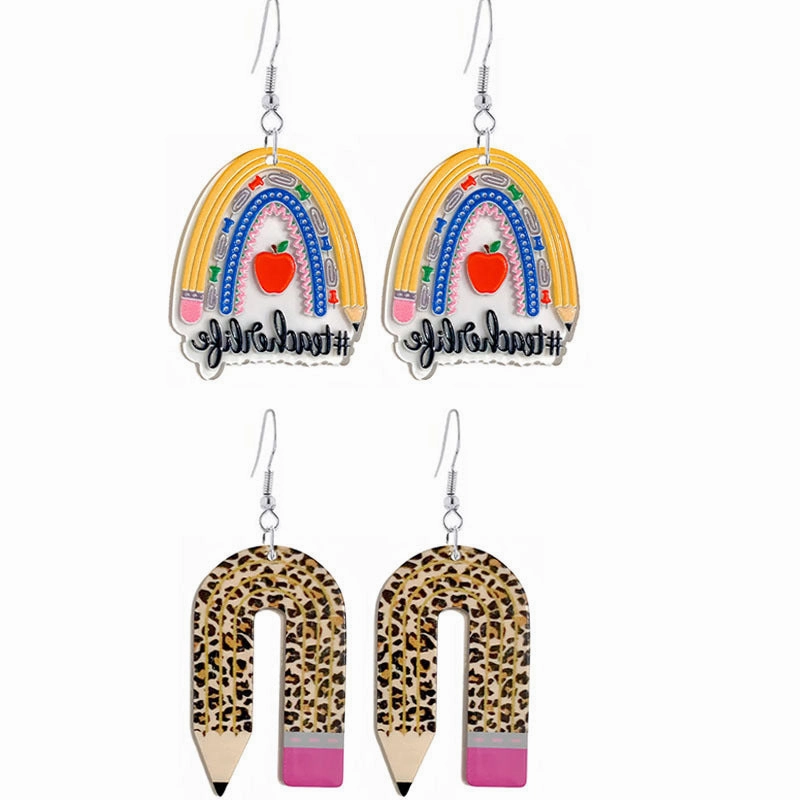 Wholesale Leopard Print Pencil Teacher Acrylic Earrings