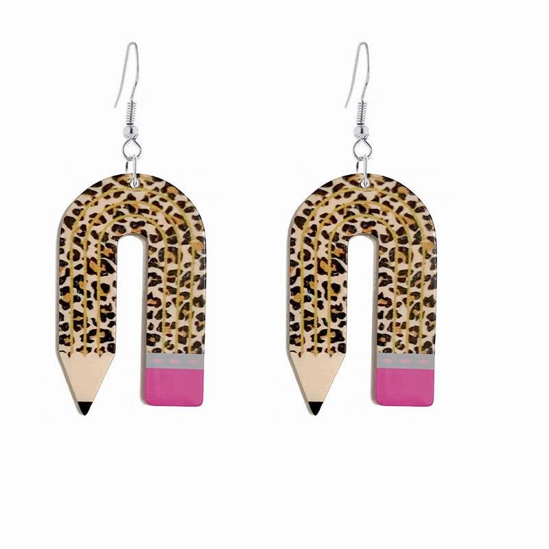 Wholesale Leopard Print Pencil Teacher Acrylic Earrings