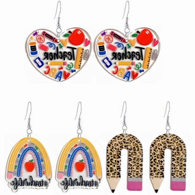 Wholesale Leopard Print Pencil Teacher Acrylic Earrings