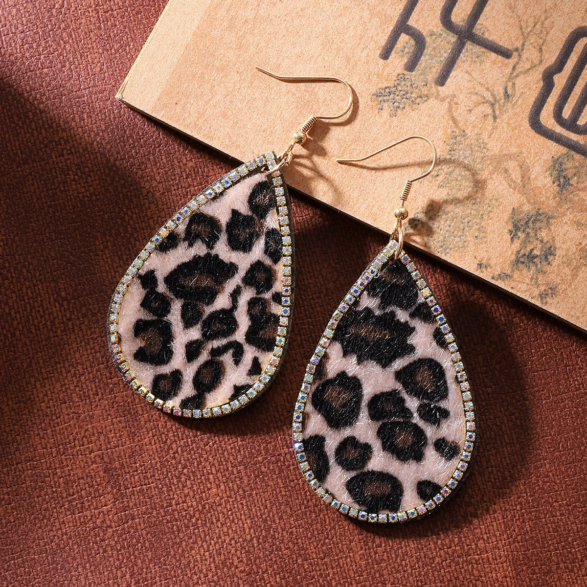 Wholesale Leopard Print Rhinestone PU Earrings