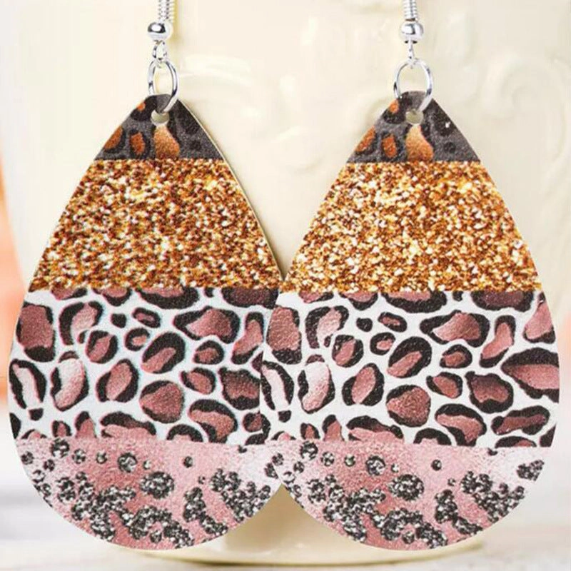 Wholesale Leopard Print Stitching Drop-shaped Leather Earrings