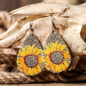 Wholesale Leopard Print Sunflower Water Drop Leather Earrings