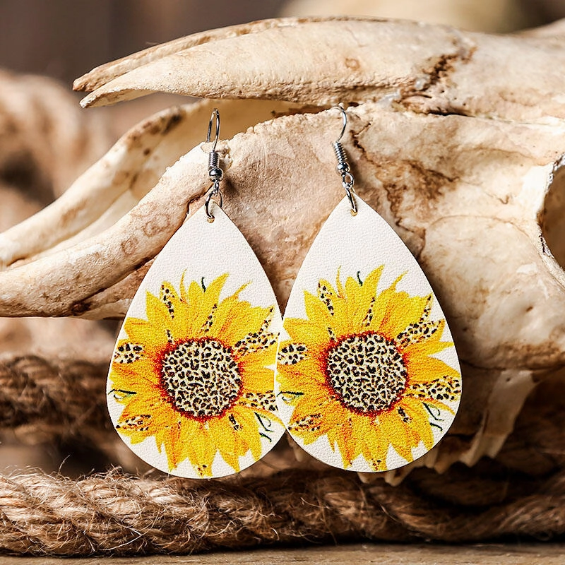 Wholesale Leopard Print Sunflower Water Drop Leather Earrings