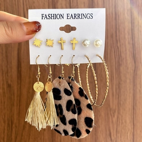 Wholesale Leopard Print Tassels Leather Earrings Set of Six