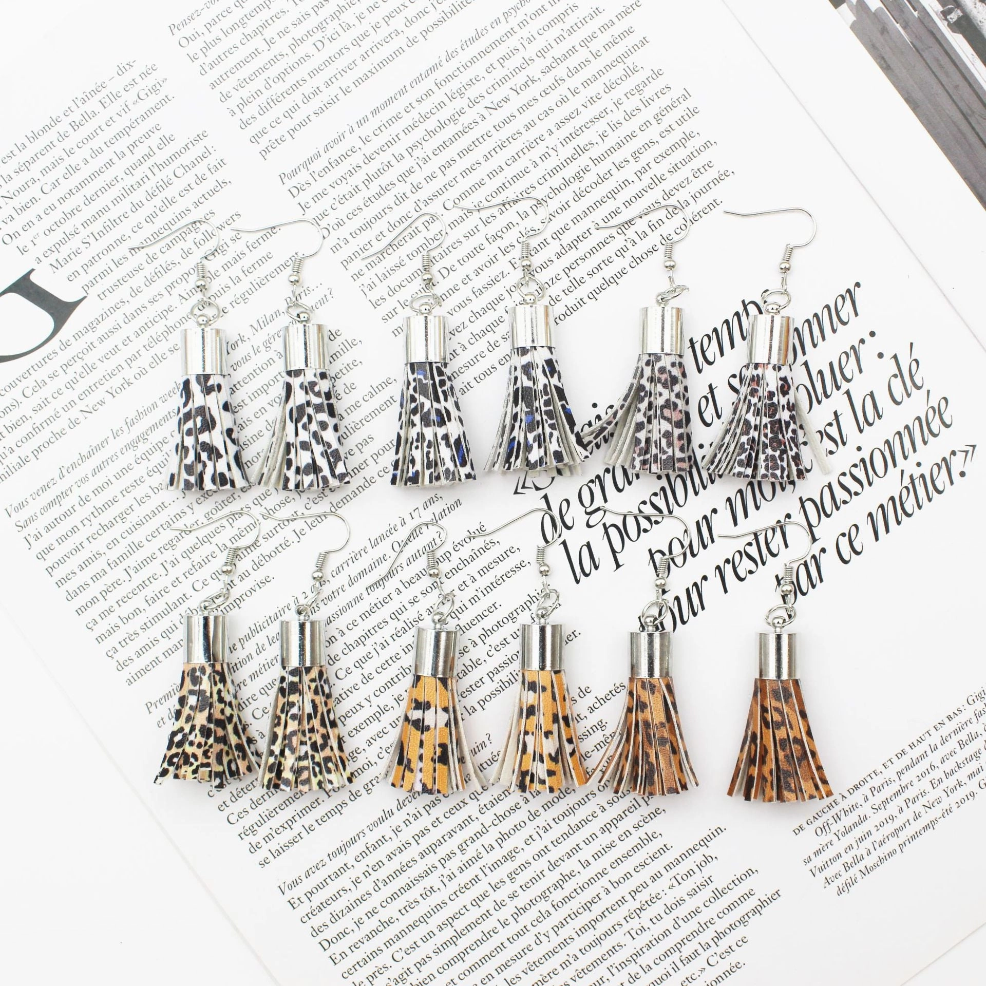Wholesale Leopard Spot Leather Tassel PU Earrings