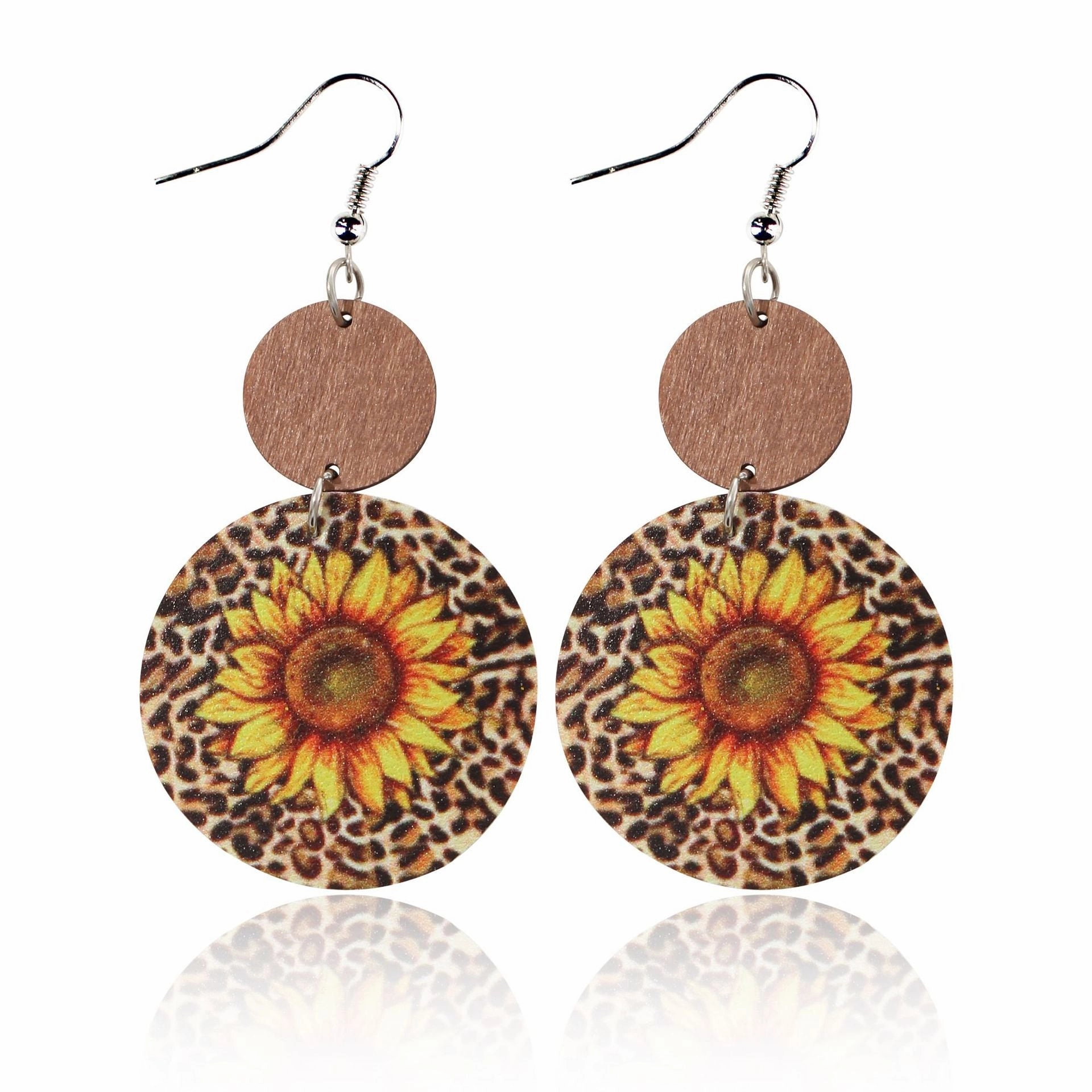 Wholesale Leopard Sunflower Eyes Round Leather Wood Earrings