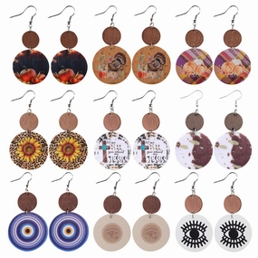 Wholesale Leopard Sunflower Eyes Round Leather Wood Earrings