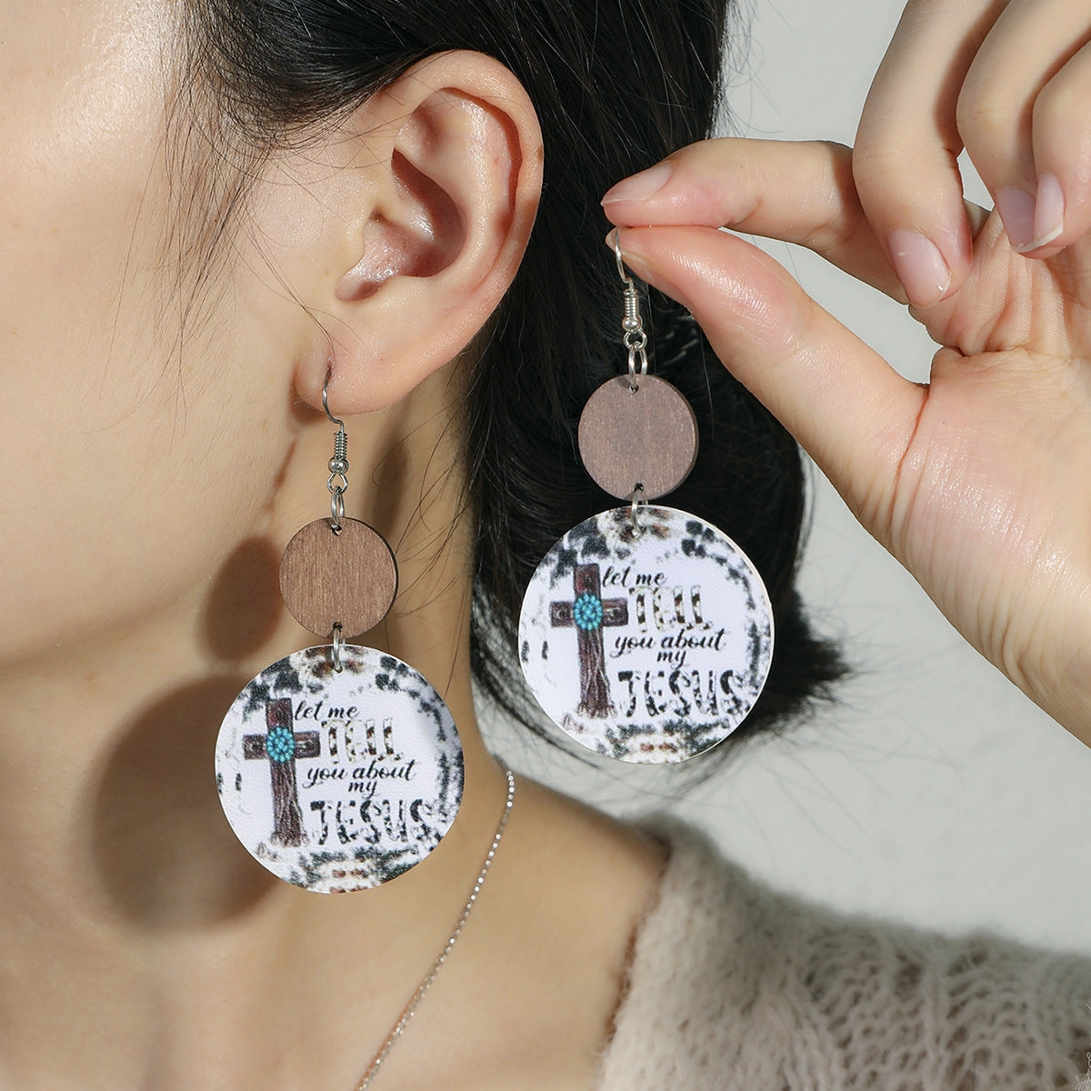 Wholesale Leopard Sunflower Eyes Round Leather Wood Earrings