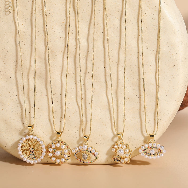 Wholesale Life Tree Demon Eye Zircon Pearl Pendant Copper Necklace