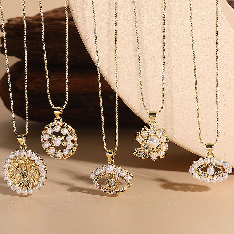 Wholesale Life Tree Demon Eye Zircon Pearl Pendant Copper Necklace