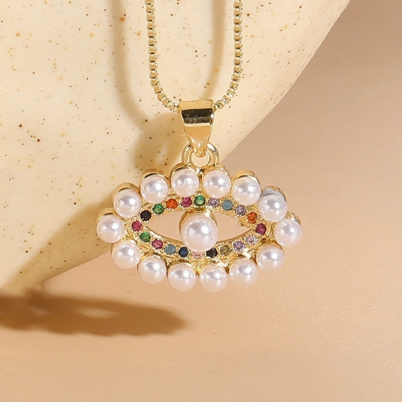 Wholesale Life Tree Demon Eye Zircon Pearl Pendant Copper Necklace